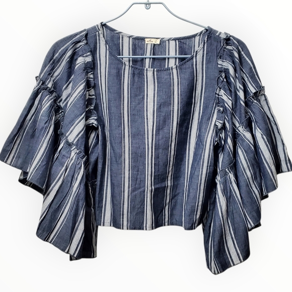 Hollister Flare Sleeve Striped Blue Lightweight Cropped Top size Small - Picture 3 of 9